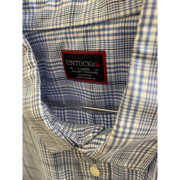 UNTUCKit Durbanville Shirt Large Tall Wrinkle Free Plaid Long Sleeve Blue Slim - Picture 7 of 10